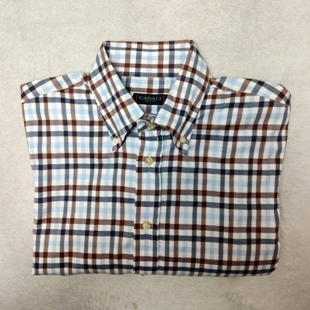 Canali Shirt Mens L Blue Brown Plaid Button-Up Cotton Twill Casual Long Sleeve